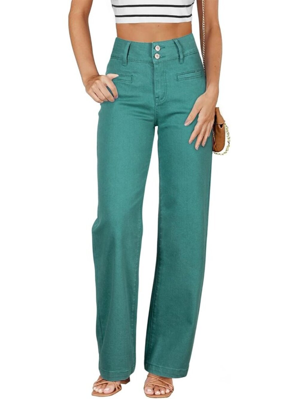 Women's Green High Waisted Dual Button Closure Full Length Leg Jean With Pocket